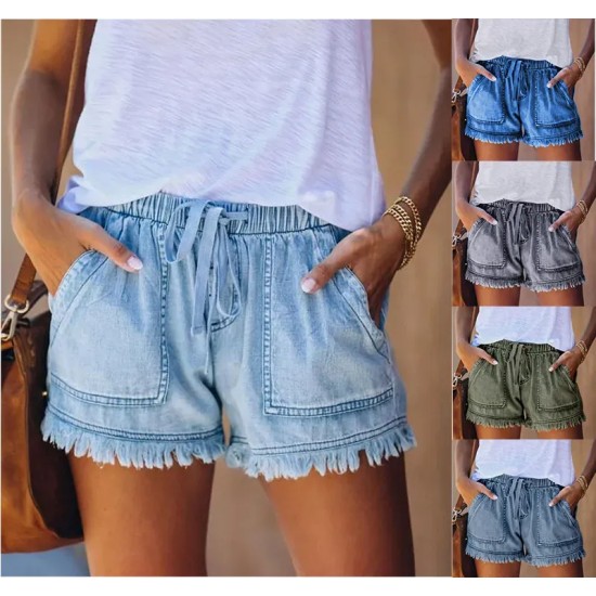 Women Summer Drawstring Waist Raw Hem Tassel Casual High Waist Denim Shorts