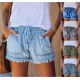 Women Summer Drawstring Waist Raw Hem Tassel Casual High Waist Denim Shorts