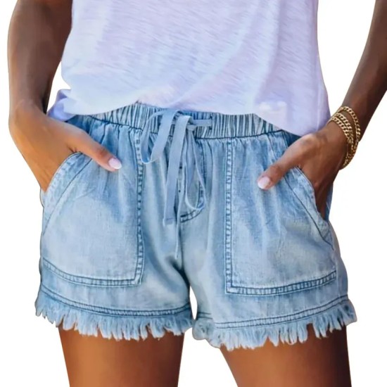 Women Summer Drawstring Waist Raw Hem Tassel Casual High Waist Denim Shorts
