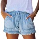 Women Summer Drawstring Waist Raw Hem Tassel Casual High Waist Denim Shorts
