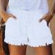 Women Summer Drawstring Waist Raw Hem Tassel Casual High Waist Denim Shorts