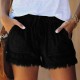 Women Summer Drawstring Waist Raw Hem Tassel Casual High Waist Denim Shorts