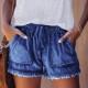 Women Summer Drawstring Waist Raw Hem Tassel Casual High Waist Denim Shorts