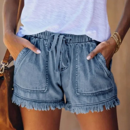 Women Summer Drawstring Waist Raw Hem Tassel Casual High Waist Denim Shorts