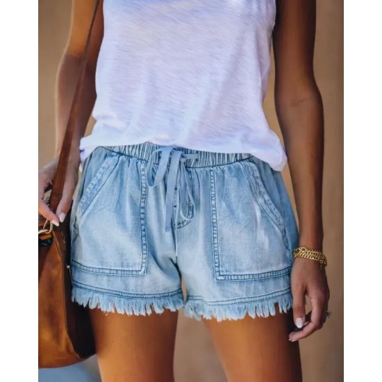 Women Summer Drawstring Waist Raw Hem Tassel Casual High Waist Denim Shorts