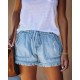 Women Summer Drawstring Waist Raw Hem Tassel Casual High Waist Denim Shorts