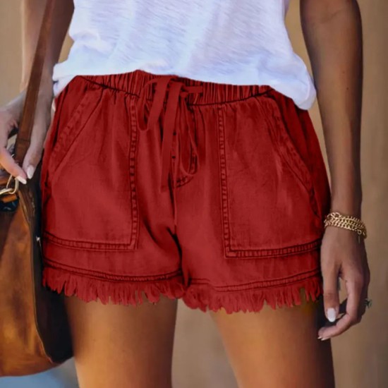 Women Summer Drawstring Waist Raw Hem Tassel Casual High Waist Denim Shorts