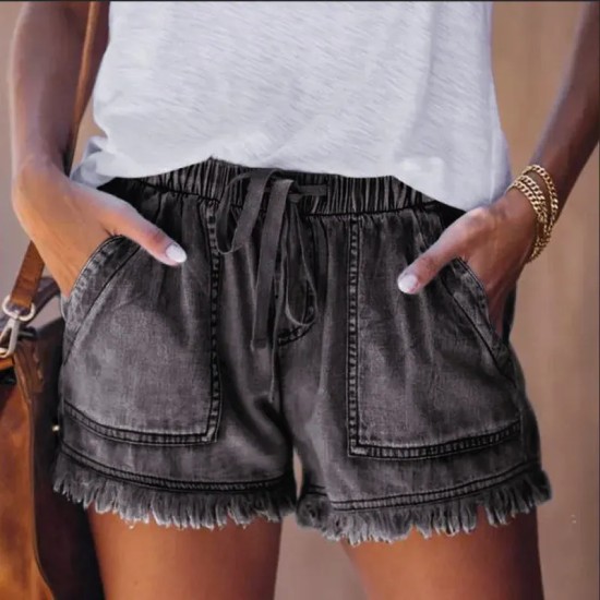 Women Summer Drawstring Waist Raw Hem Tassel Casual High Waist Denim Shorts