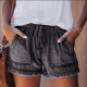 Women Summer Drawstring Waist Raw Hem Tassel Casual High Waist Denim Shorts
