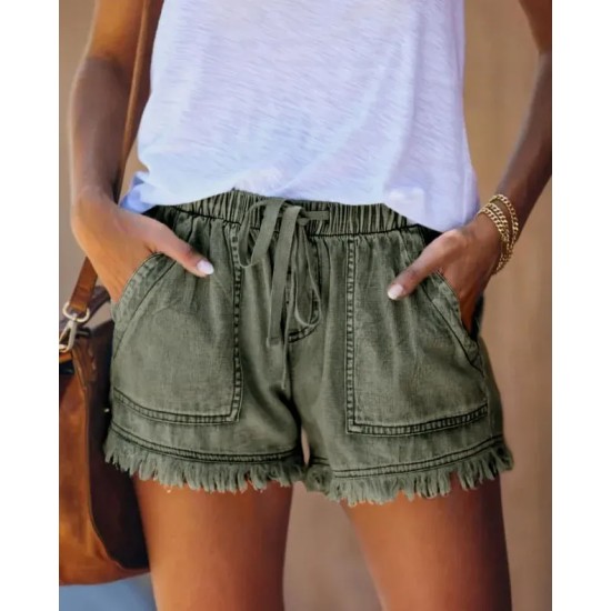 Women Summer Drawstring Waist Raw Hem Tassel Casual High Waist Denim Shorts