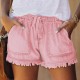 Women Summer Drawstring Waist Raw Hem Tassel Casual High Waist Denim Shorts