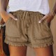 Women Summer Drawstring Waist Raw Hem Tassel Casual High Waist Denim Shorts
