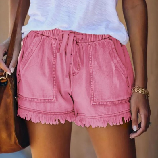 Women Summer Drawstring Waist Raw Hem Tassel Casual High Waist Denim Shorts