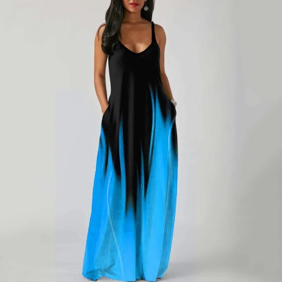 Summer Plus Size Women Gradient Color Print Deep V Neck Sleeveless Loose Dress