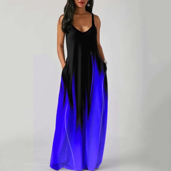 Summer Plus Size Women Gradient Color Print Deep V Neck Sleeveless Loose Dress