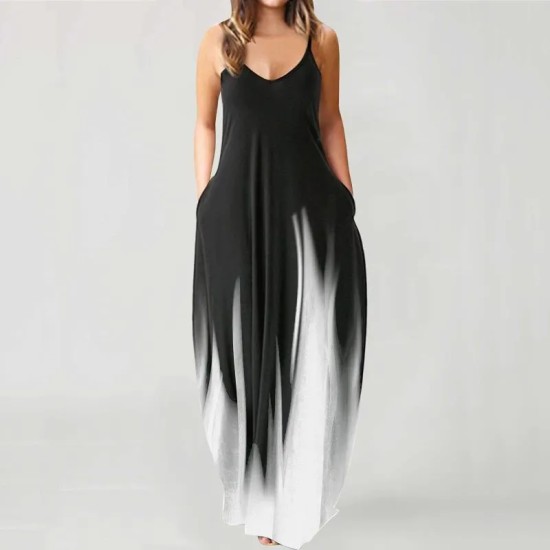 Summer Plus Size Women Gradient Color Print Deep V Neck Sleeveless Loose Dress