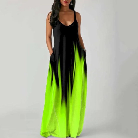 Summer Plus Size Women Gradient Color Print Deep V Neck Sleeveless Loose Dress