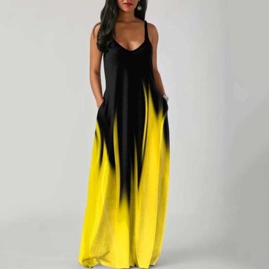 Summer Plus Size Women Gradient Color Print Deep V Neck Sleeveless Loose Dress