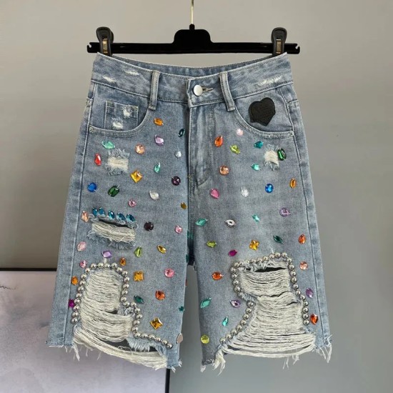 Women Fashion Multicolour Rhinestone Denim Shorts
