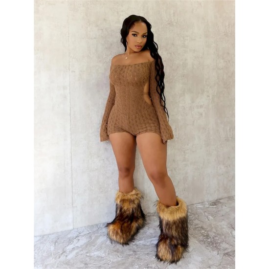 Autumn Winter Stretch Solid Color Backless Slim-Fit Sexy Long Sleeve Off-Shoulder Rompers