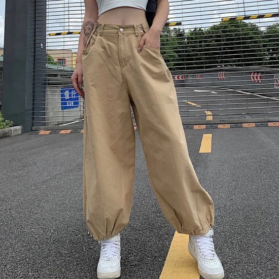 Women Khaki Strappy Overalls Loose Straight Casual Wide-Leg Jogger Pants