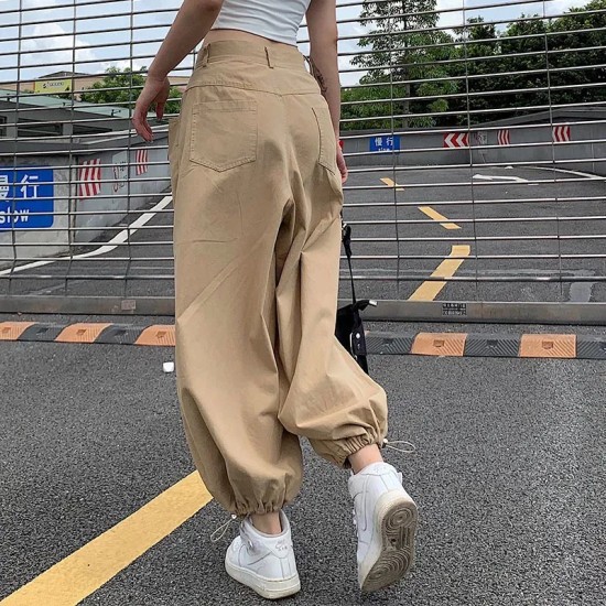 Women Khaki Strappy Overalls Loose Straight Casual Wide-Leg Jogger Pants