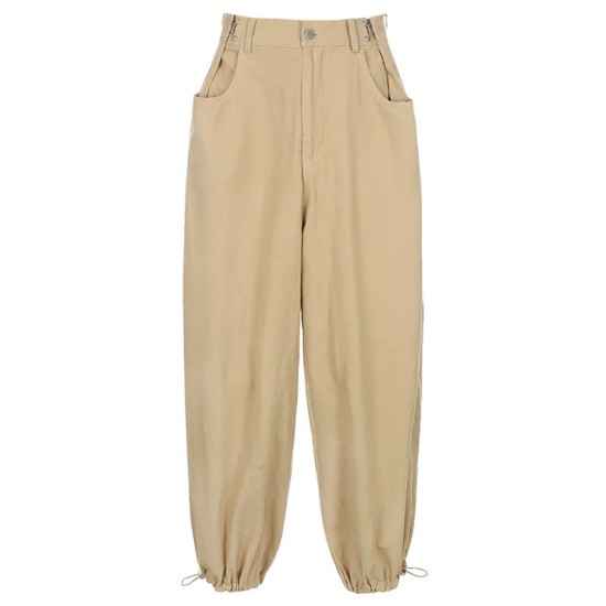 Women Khaki Strappy Overalls Loose Straight Casual Wide-Leg Jogger Pants