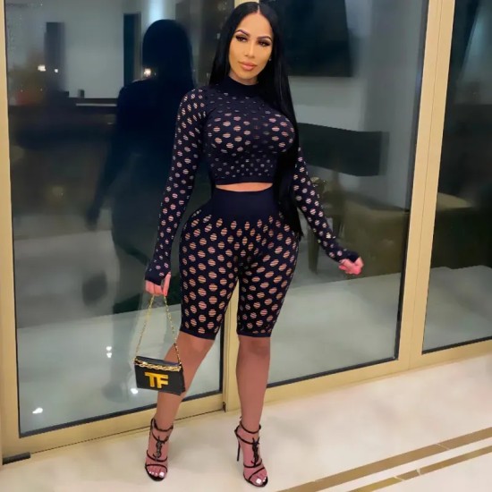 Women Night Out Hollow Out Long Sleeve Crop Top And Solid Color Shorts Two Piece Set