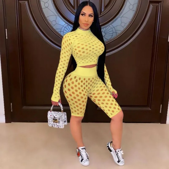 Women Night Out Hollow Out Long Sleeve Crop Top And Solid Color Shorts Two Piece Set