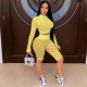 Women Night Out Hollow Out Long Sleeve Crop Top And Solid Color Shorts Two Piece Set