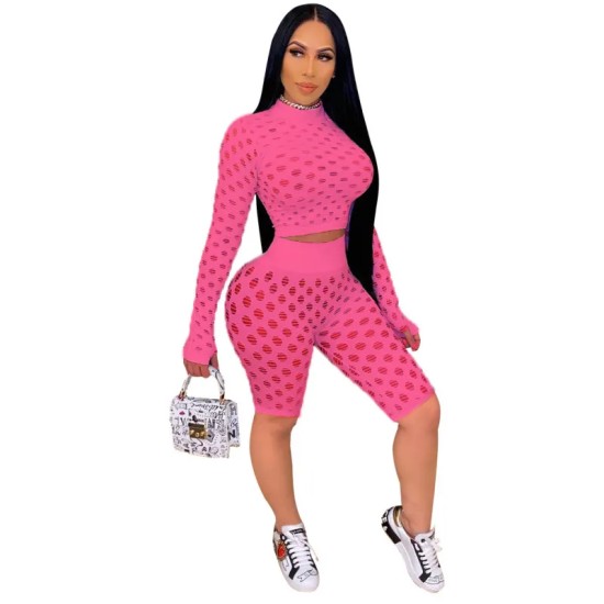 Women Night Out Hollow Out Long Sleeve Crop Top And Solid Color Shorts Two Piece Set