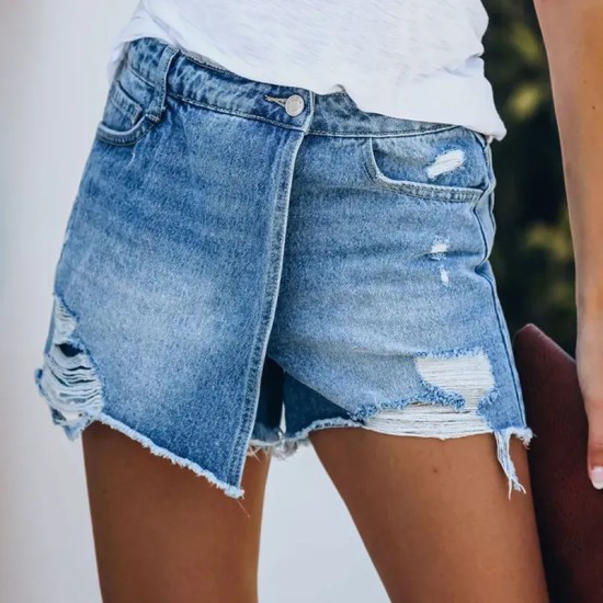 Summer Women Fashion Casual Rhole Denim Shorts