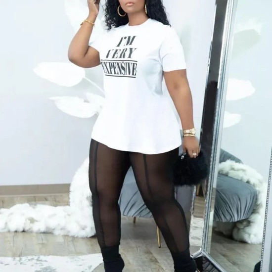 Women Casual Letter Short Sleeves Round Neck T-shirt And Sexy Mesh See-through Leggings Two Piece Set
