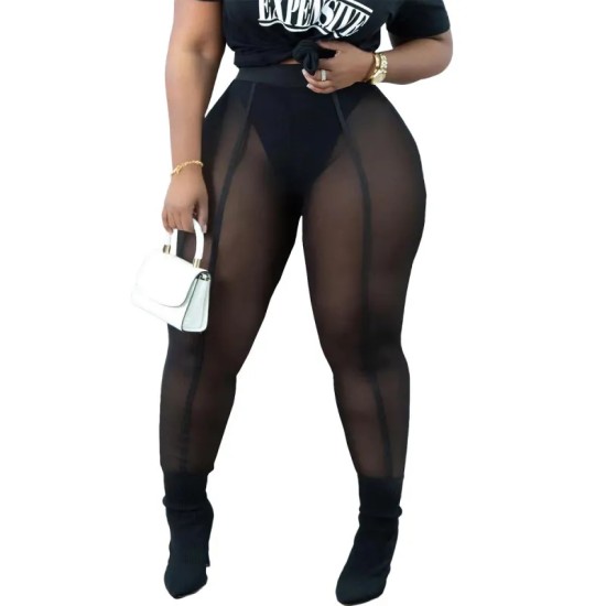 Women Casual Letter Short Sleeves Round Neck T-shirt And Sexy Mesh See-through Leggings Two Piece Set