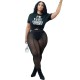 Women Casual Letter Short Sleeves Round Neck T-shirt And Sexy Mesh See-through Leggings Two Piece Set