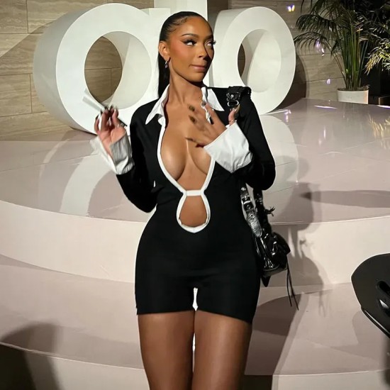 y2k Women Fashion Hollow Deep V-Neck Lapel Shirt Backless Strap Long Sleeve Rompers