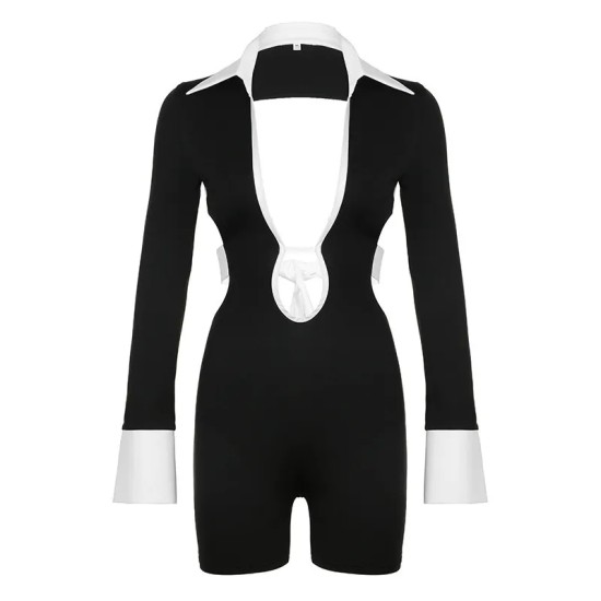 y2k Women Fashion Hollow Deep V-Neck Lapel Shirt Backless Strap Long Sleeve Rompers