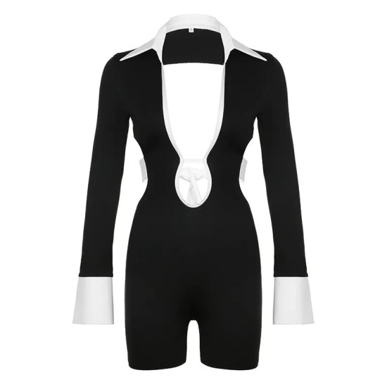 y2k Women Fashion Hollow Deep V-Neck Lapel Shirt Backless Strap Long Sleeve Rompers