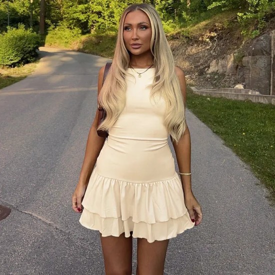 Summer Women Fashion Solid Color Round Neck Sleeveless Slim Mini Dress