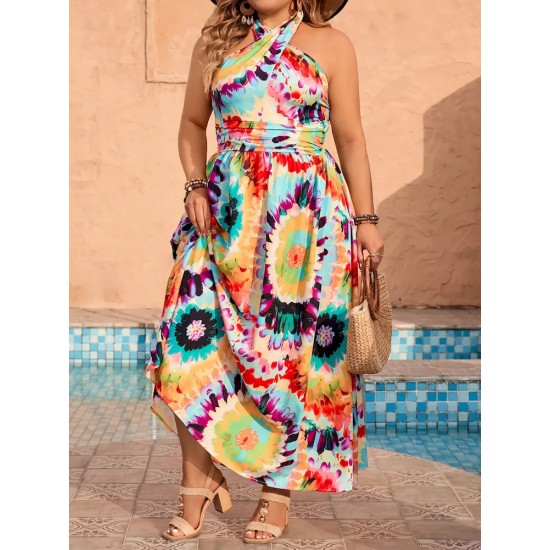 Summer Women Fashion Bohemian Beach Vacation Halter Neck Graphic Printing Plus Size Dress