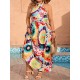 Summer Women Fashion Bohemian Beach Vacation Halter Neck Graphic Printing Plus Size Dress
