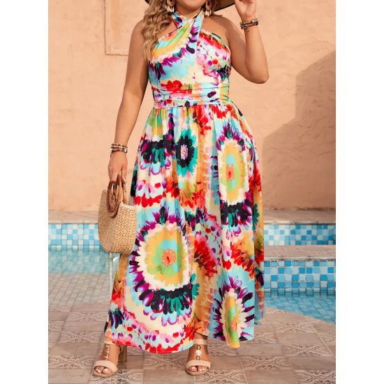 Summer Women Fashion Bohemian Beach Vacation Halter Neck Graphic Printing Plus Size Dress