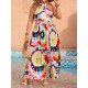 Summer Women Fashion Bohemian Beach Vacation Halter Neck Graphic Printing Plus Size Dress