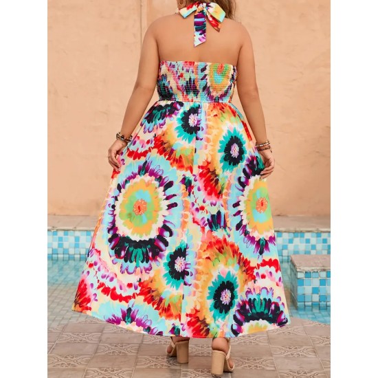 Summer Women Fashion Bohemian Beach Vacation Halter Neck Graphic Printing Plus Size Dress