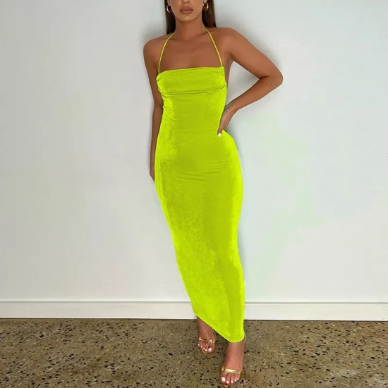 Women'S Fashion Sexy Backless Lace-Up Halter Neck Slim Maxi Dress