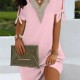 Women Fashion Casual V-Neck Slit Bowknot Short Sleeve Dress