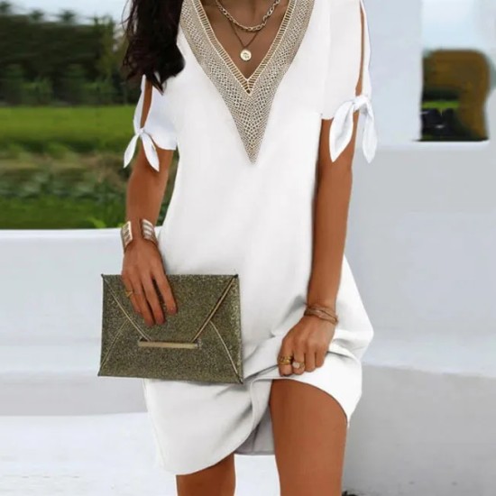 Women Fashion Casual V-Neck Slit Bowknot Short Sleeve Dress
