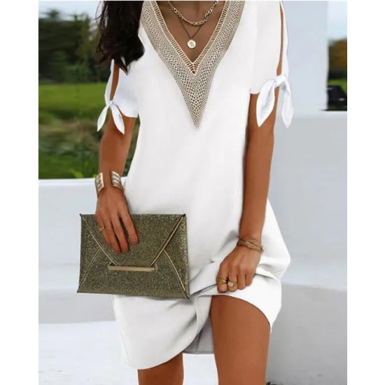Women Fashion Casual V-Neck Slit Bowknot Short Sleeve Dress