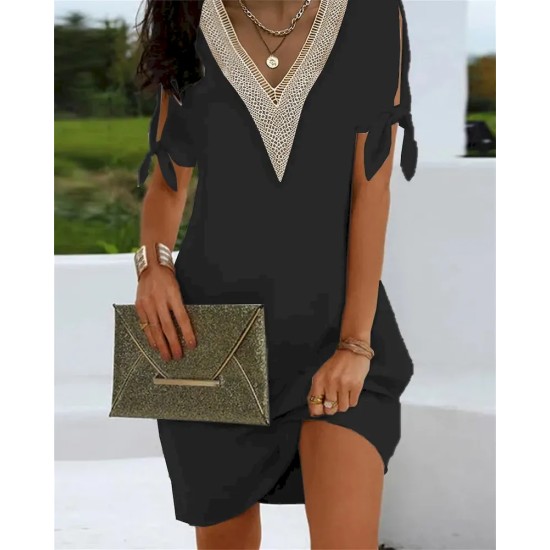 Women Fashion Casual V-Neck Slit Bowknot Short Sleeve Dress