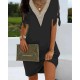 Women Fashion Casual V-Neck Slit Bowknot Short Sleeve Dress